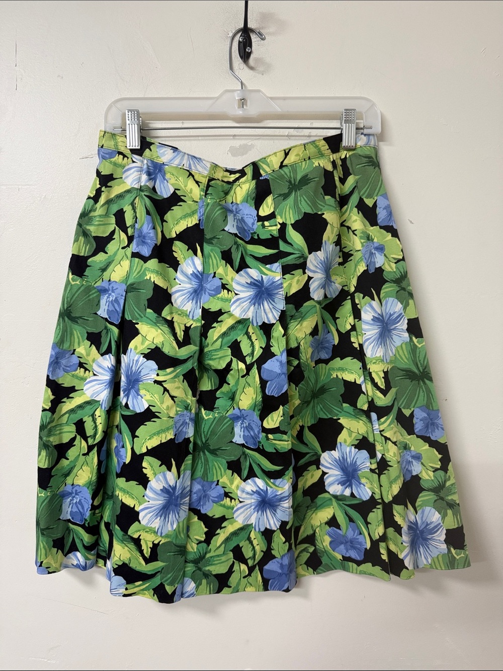 Laura Scott Black A-Line Skirt with Blue Floral & Green Leaves